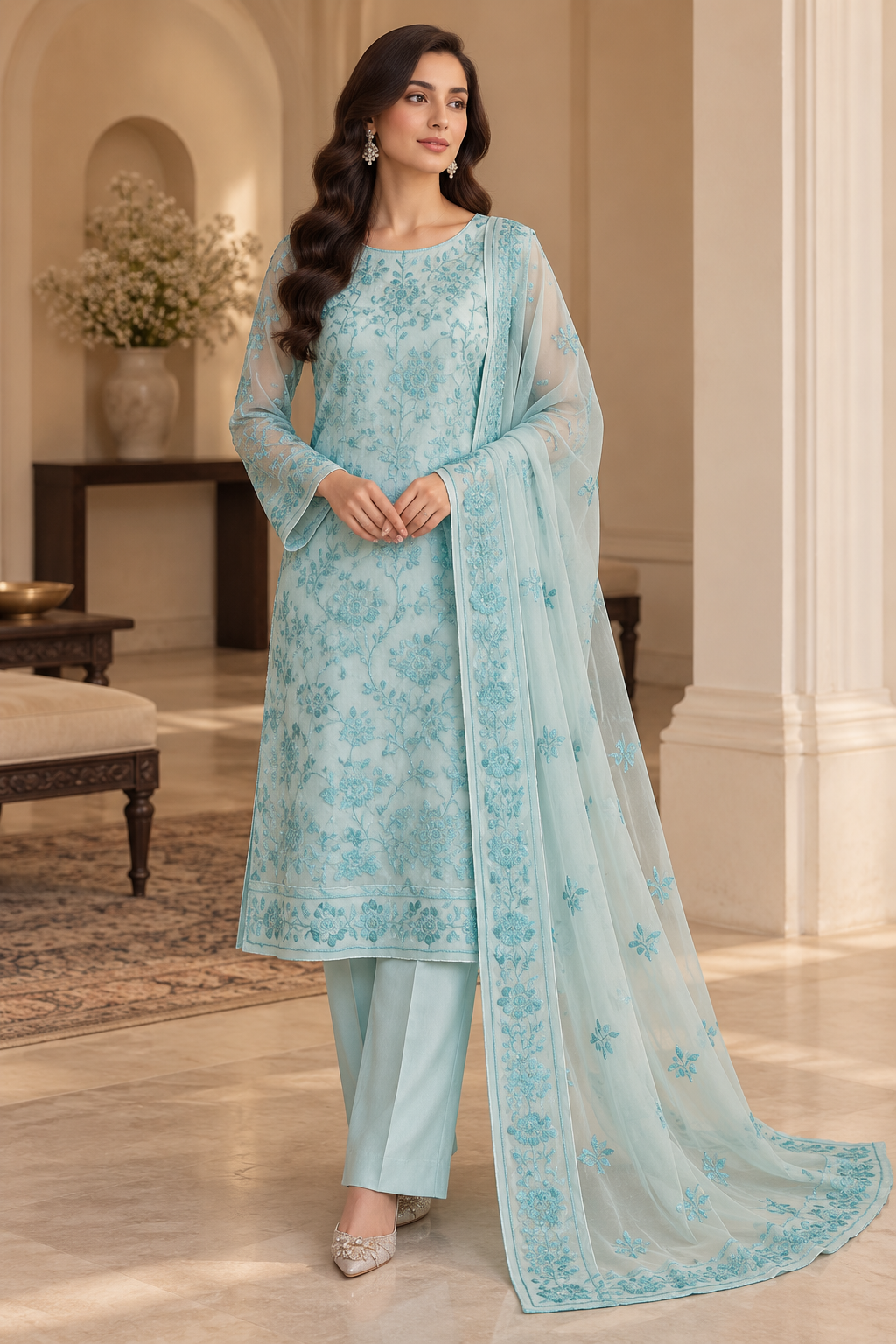 Ice Blue Floral Embroidered Chiffon 3 Piece Unstitched Suit