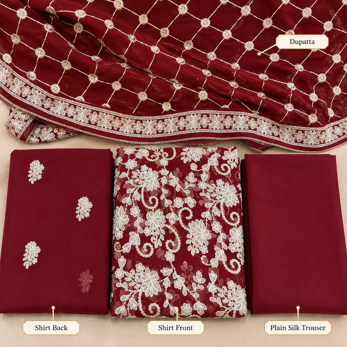 Deep Maroon Golden Floral Embroidered Chiffon 3 Piece Unstitched Suit