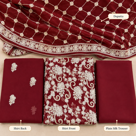 Deep Maroon Golden Floral Embroidered Chiffon 3 Piece Unstitched Suit