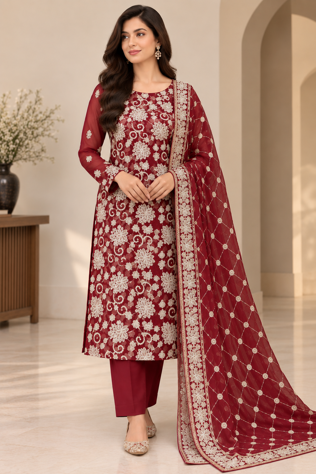 Deep Maroon Golden Floral Embroidered Chiffon 3 Piece Unstitched Suit