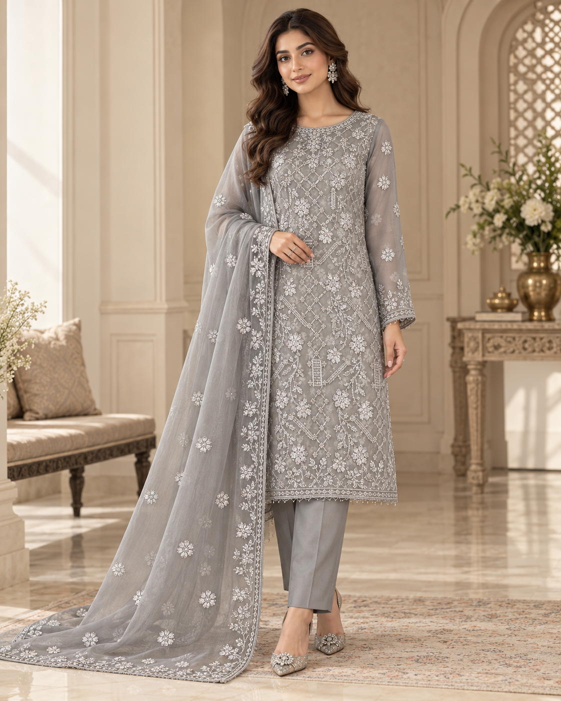 Silver Grey Floral Embroidered Chiffon 3 Piece Unstitched Suit