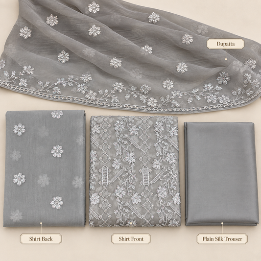 Silver Grey Floral Embroidered Chiffon 3 Piece Unstitched Suit