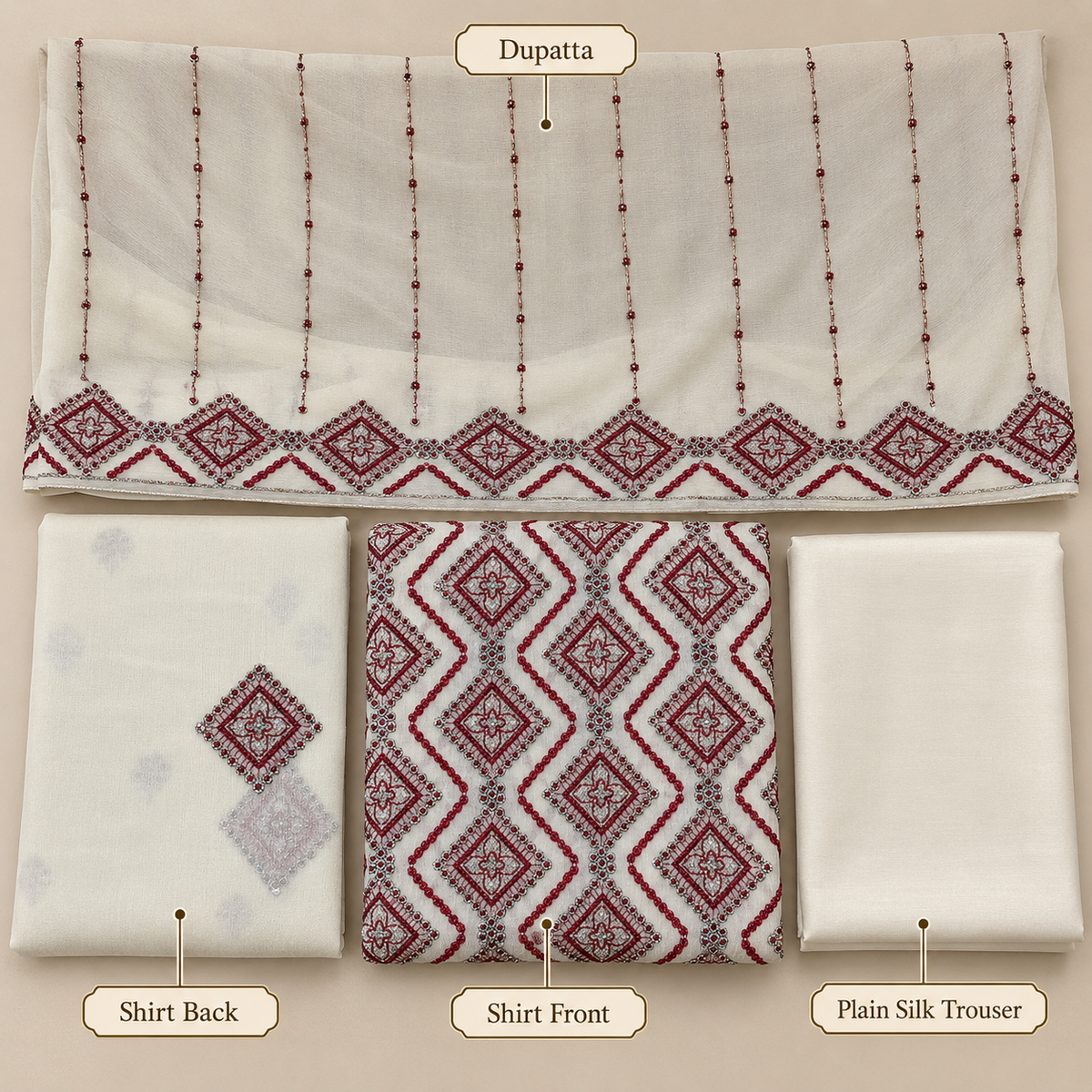 Ivory White Maroon Geometric Embroidered Chiffon 3 Piece Unstitched Suit