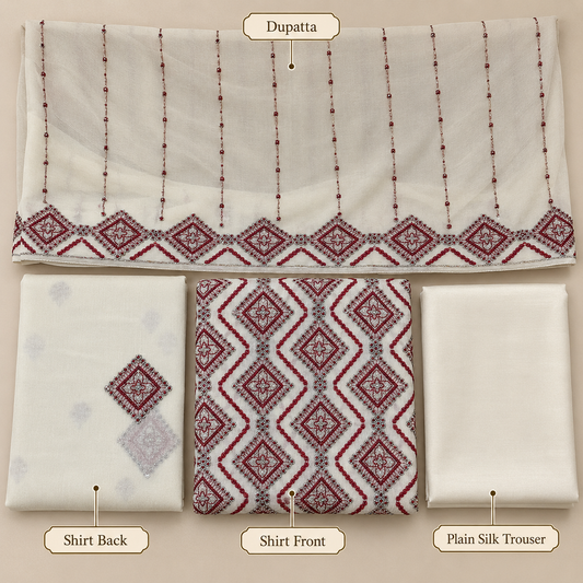 Ivory White Maroon Geometric Embroidered Chiffon 3 Piece Unstitched Suit