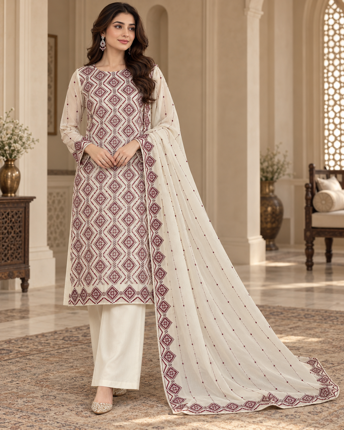 Ivory White Maroon Geometric Embroidered Chiffon 3 Piece Unstitched Suit