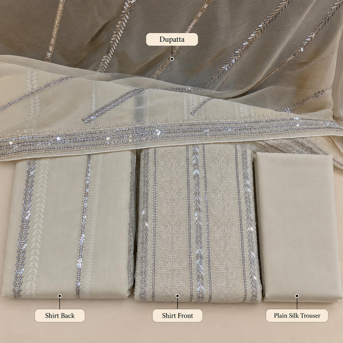 Champagne Beige Silver Embroidered Chiffon 3 Piece Unstitched Suit