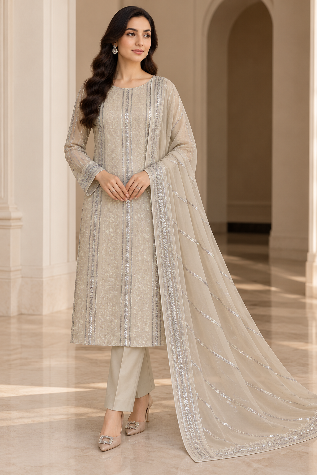 Champagne Beige Silver Embroidered Chiffon 3 Piece Unstitched Suit