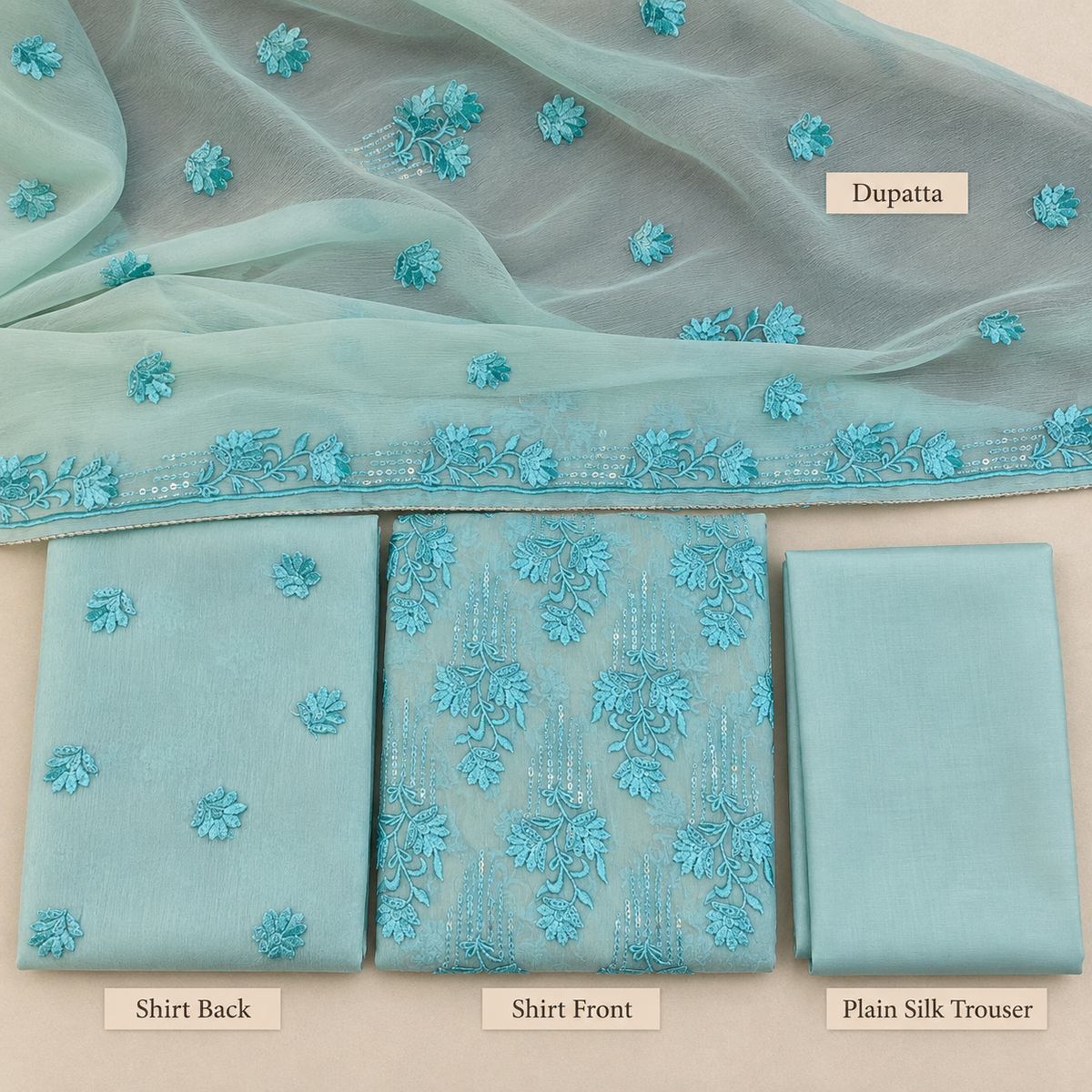 Aqua Blue Floral Embroidered Chiffon 3 Piece Unstitched Suit