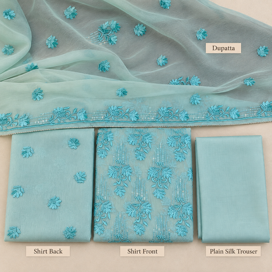 Aqua Blue Floral Embroidered Chiffon 3 Piece Unstitched Suit
