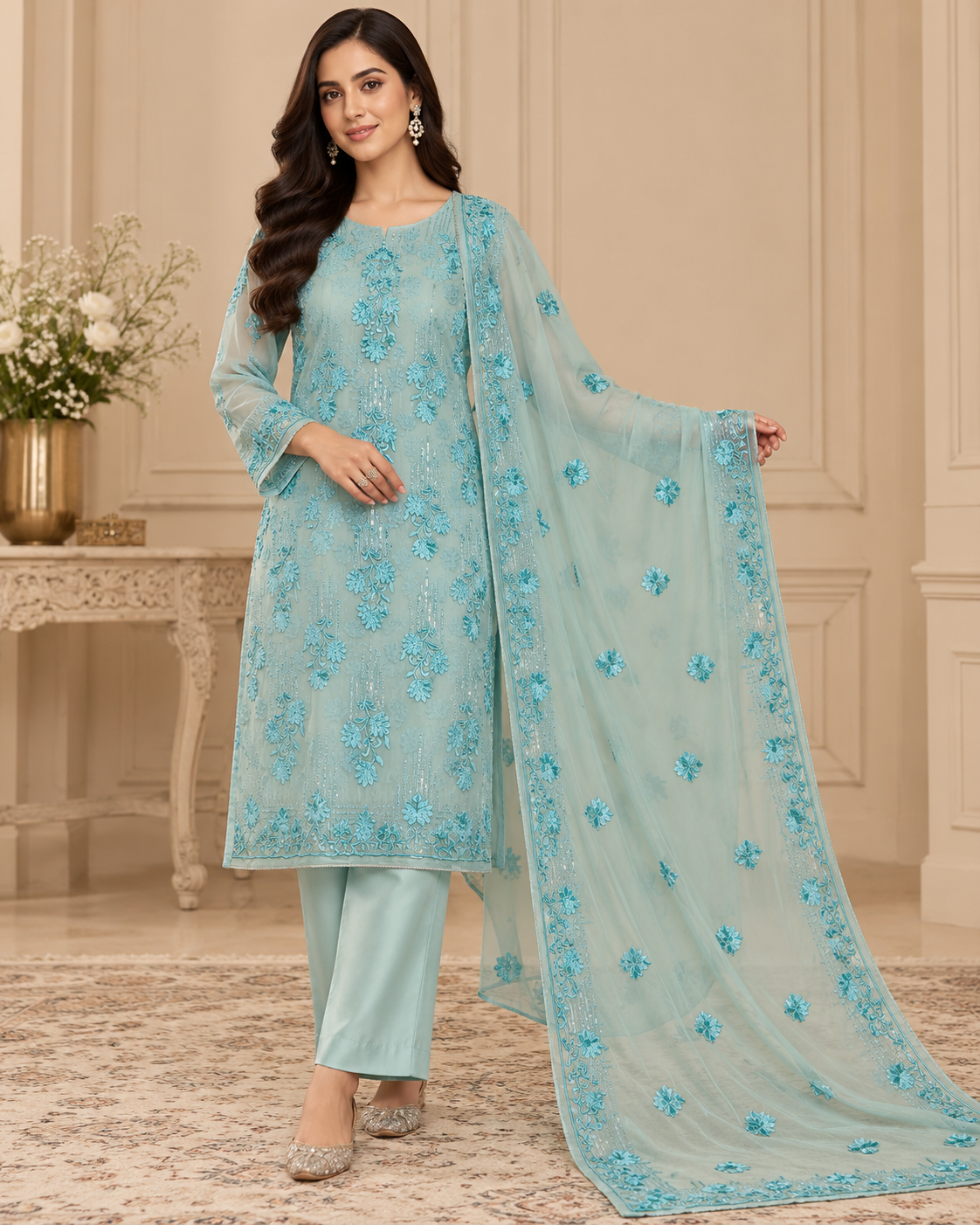 Aqua Blue Floral Embroidered Chiffon 3 Piece Unstitched Suit