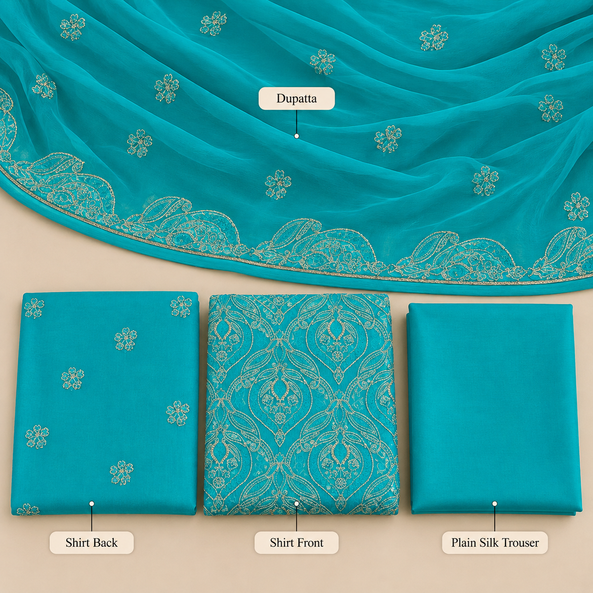 Turquoise Blue Golden Embroidered Chiffon 3 Piece Unstitched Suit