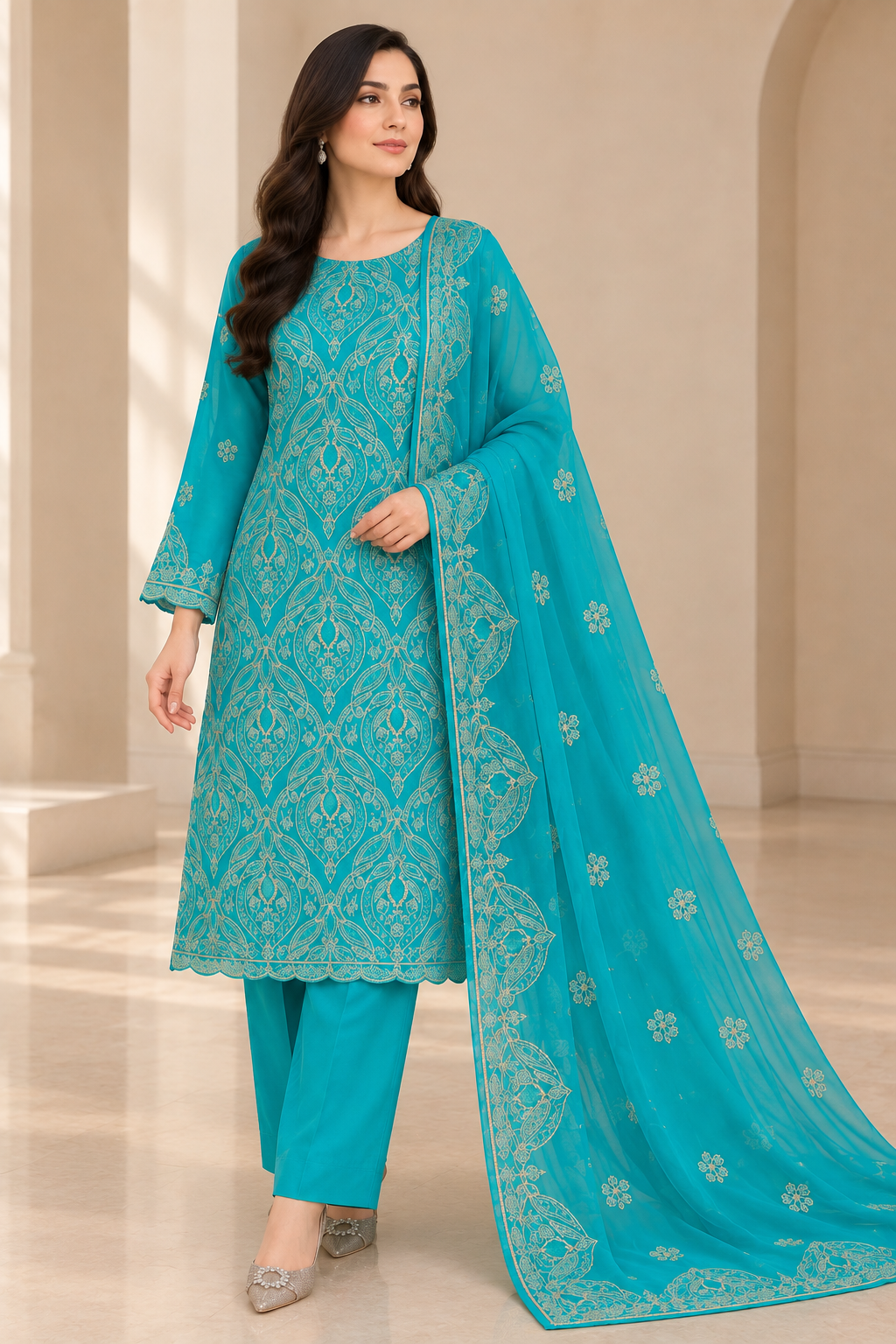 Turquoise Blue Golden Embroidered Chiffon 3 Piece Unstitched Suit