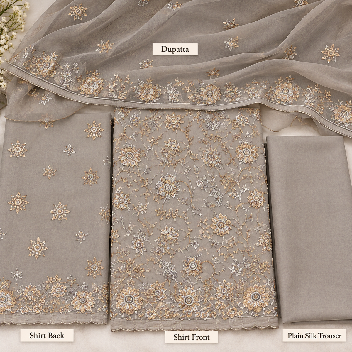 Silver Grey Golden Floral Embroidered Chiffon 3 Piece Unstitched Suit