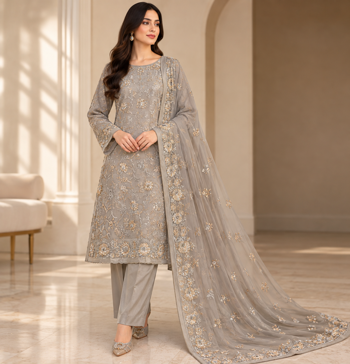 Silver Grey Golden Floral Embroidered Chiffon 3 Piece Unstitched Suit