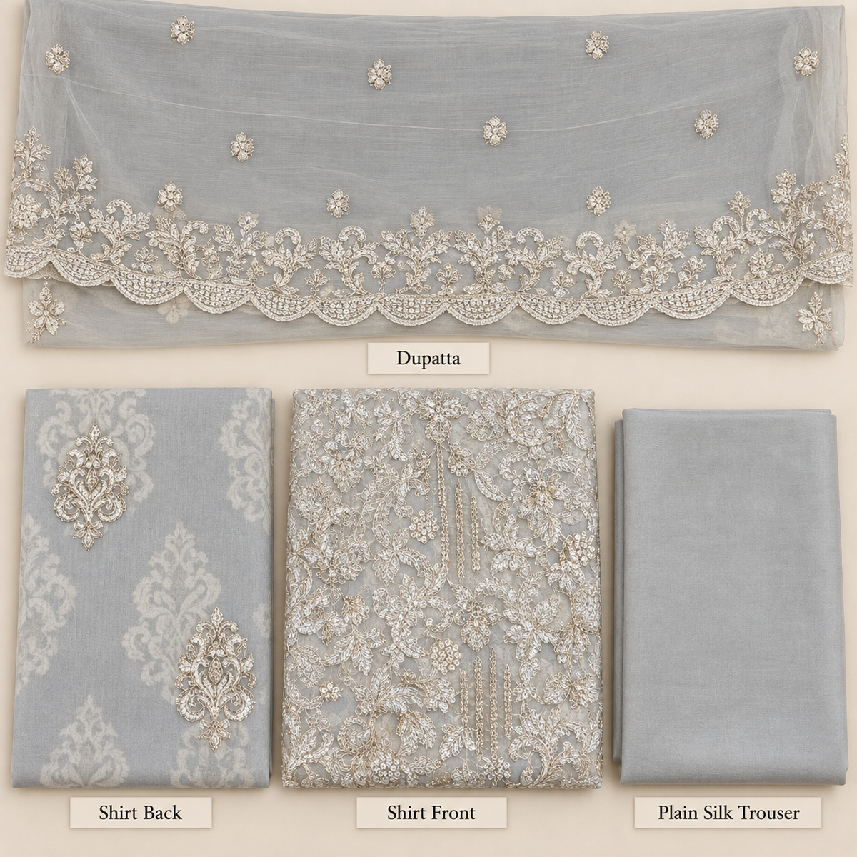 Silver Grey Champagne Floral Embroidered Chiffon 3 Piece Unstitched Suit