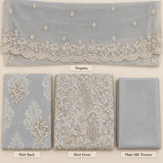 Silver Grey Champagne Floral Embroidered Chiffon 3 Piece Unstitched Suit