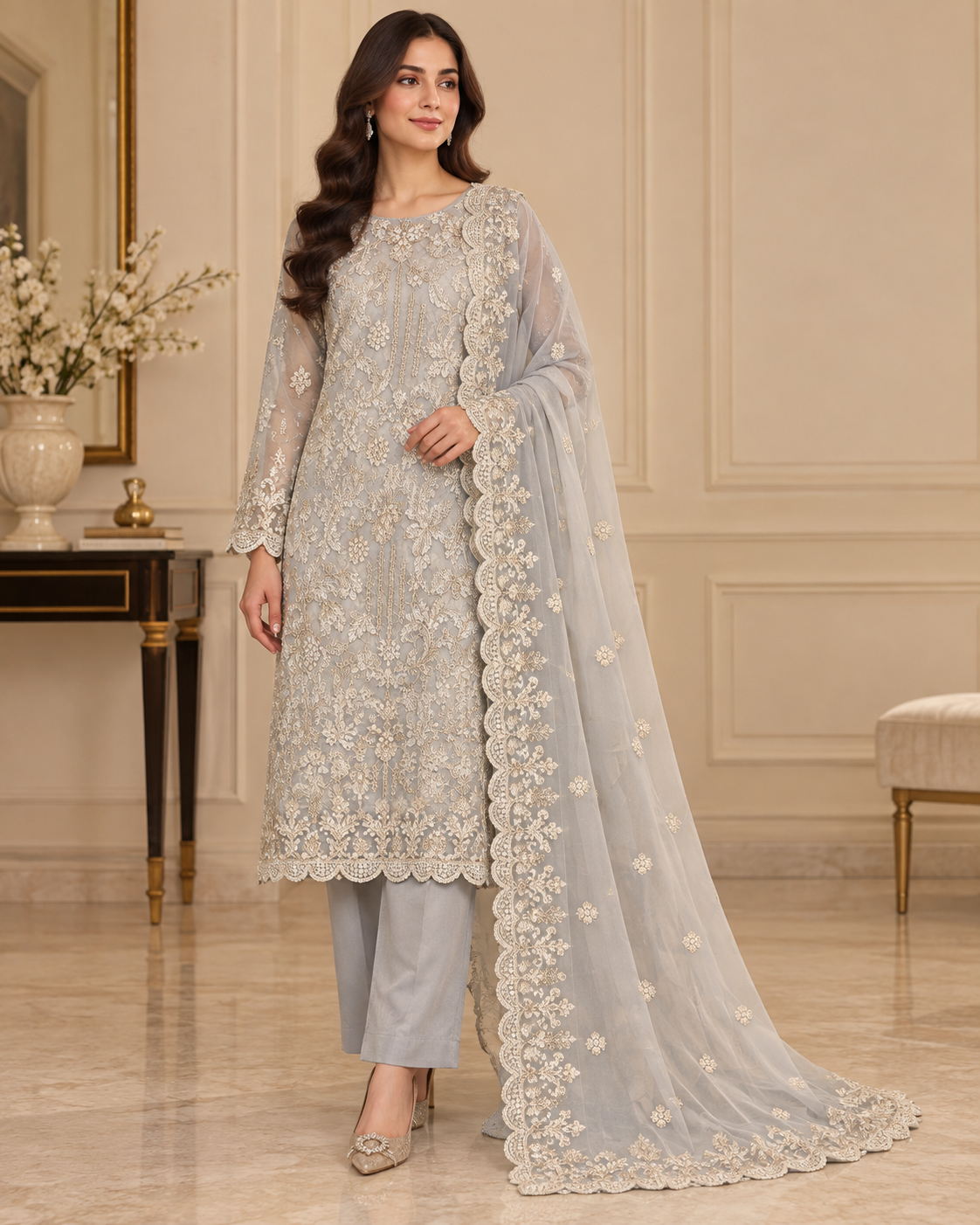 Silver Grey Champagne Floral Embroidered Chiffon 3 Piece Unstitched Suit