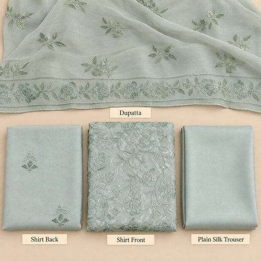 Mint Green Floral Embroidered Chiffon 3 Piece Unstitched Suit