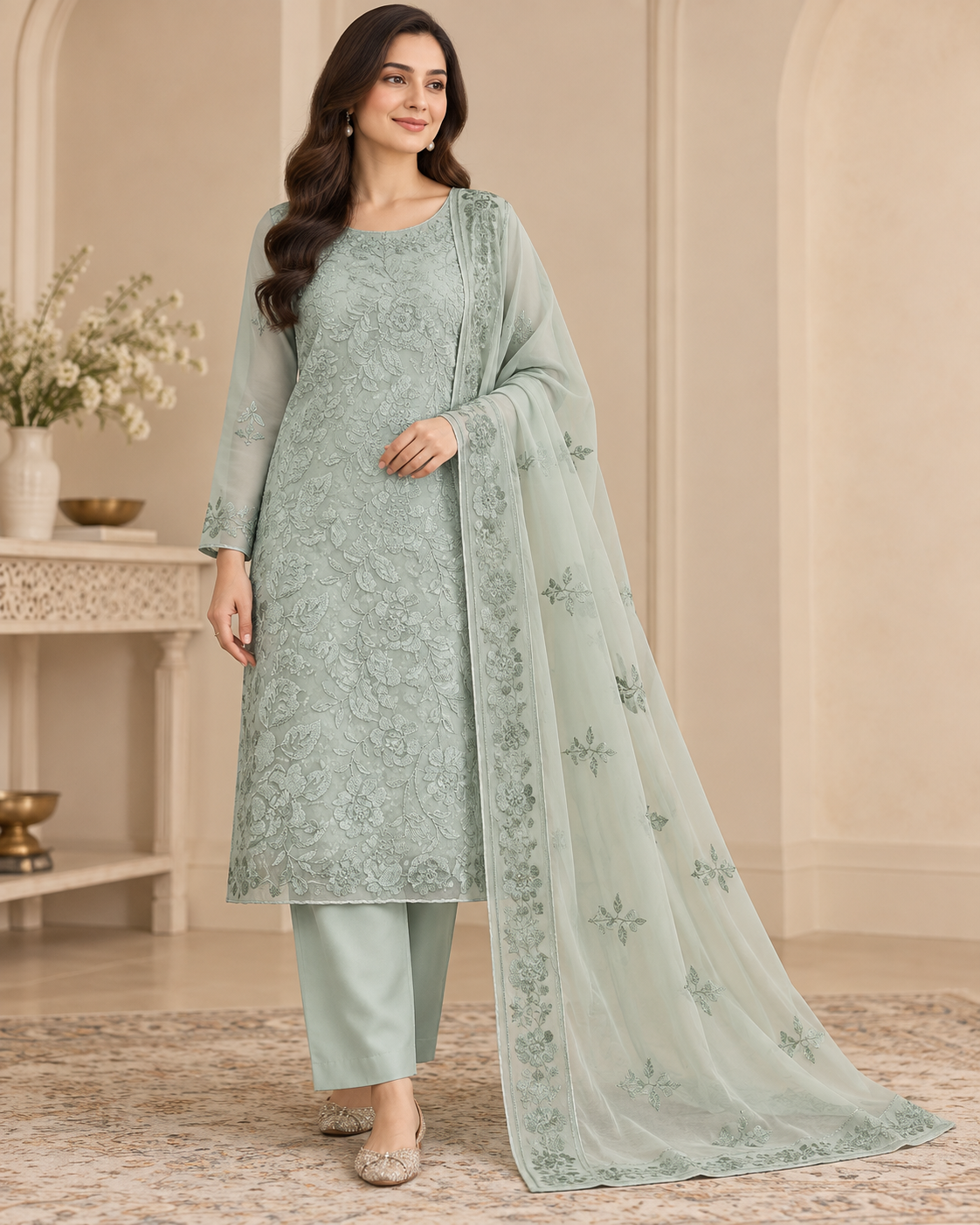 Mint Green Floral Embroidered Chiffon 3 Piece Unstitched Suit
