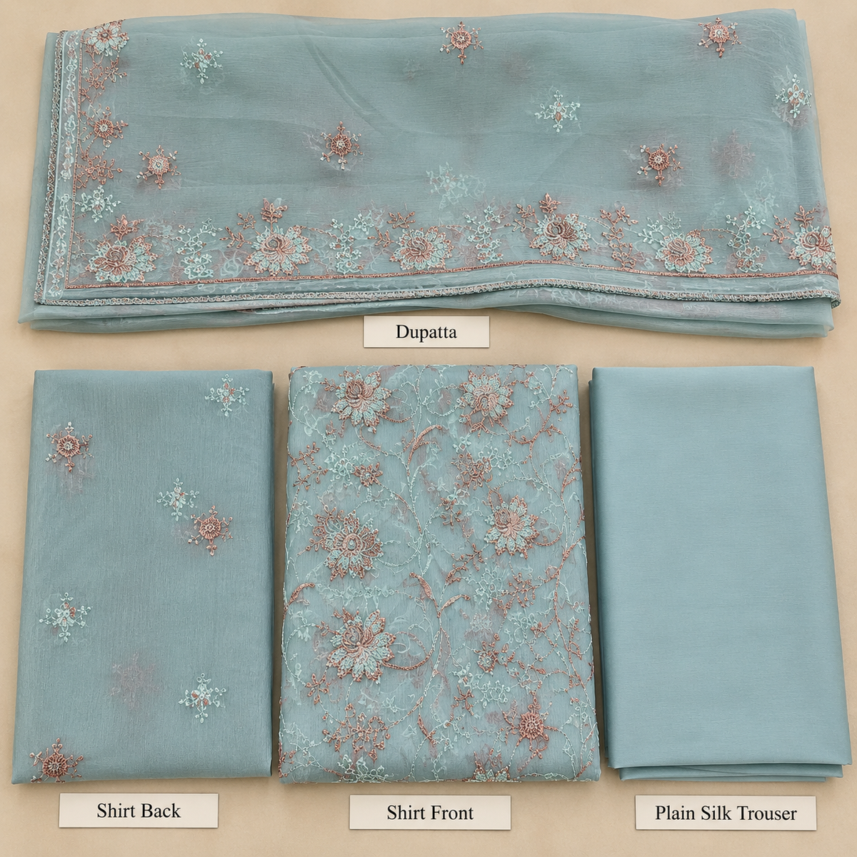 Dusty Sky Blue Rose Gold Floral Embroidered Chiffon 3 Piece Unstitched Suit