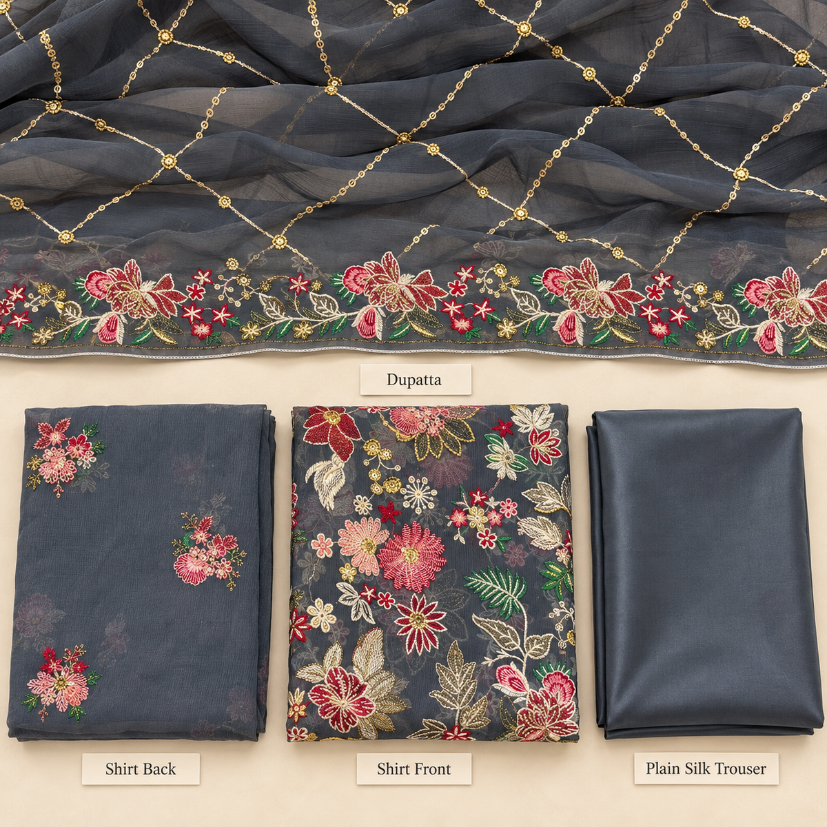 Charcoal Grey Multicolor Floral Embroidered Chiffon 3 Piece Unstitched Suit