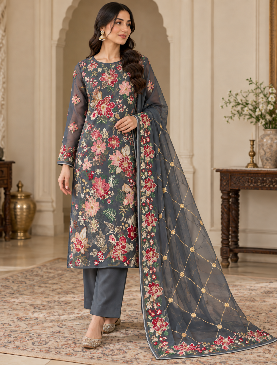 Charcoal Grey Multicolor Floral Embroidered Chiffon 3 Piece Unstitched Suit