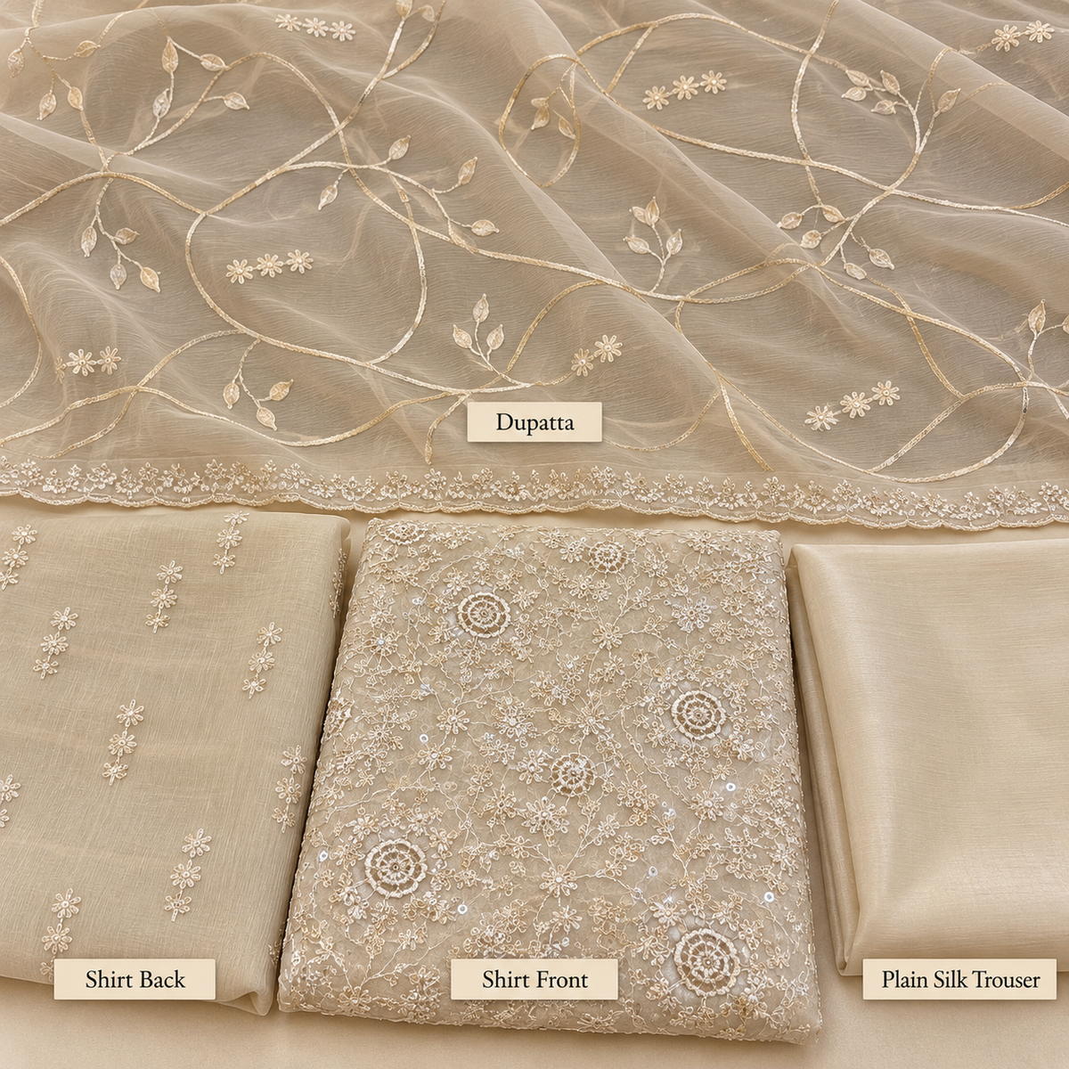Champagne Beige Ivory Floral Embroidered Chiffon 3 Piece Unstitched Suit