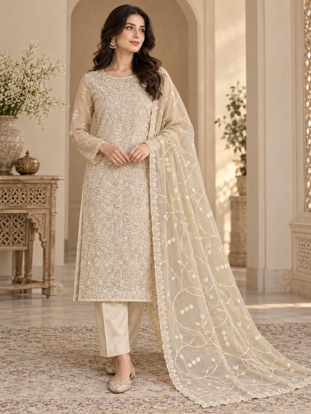Champagne Beige Ivory Floral Embroidered Chiffon 3 Piece Unstitched Suit