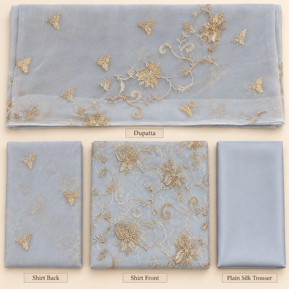 Ice Blue Golden Floral Embroidered Chiffon 3 Piece Unstitched Suit