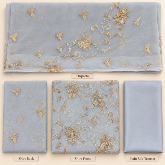 Ice Blue Golden Floral Embroidered Chiffon 3 Piece Unstitched Suit