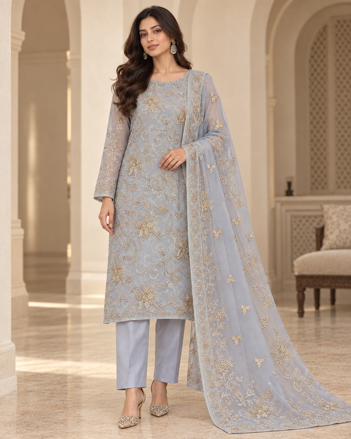 Ice Blue Golden Floral Embroidered Chiffon 3 Piece Unstitched Suit