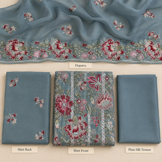 Dusty Slate Blue Maroon Floral Embroidered Chiffon 3 Piece Unstitched Suit