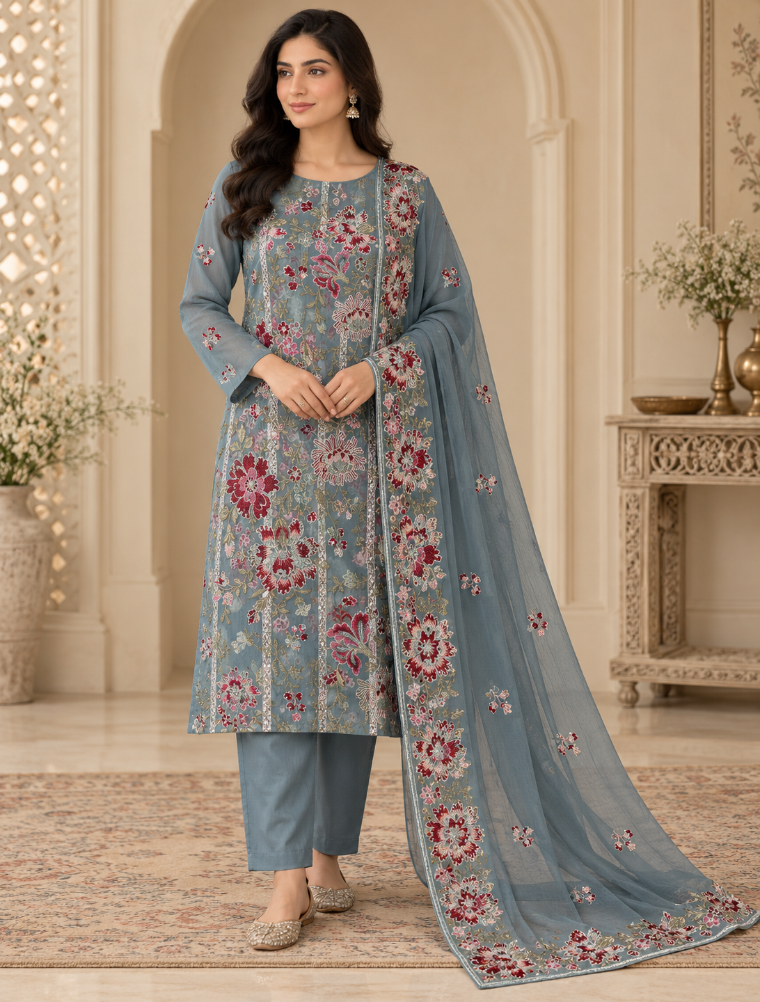 Dusty Slate Blue Maroon Floral Embroidered Chiffon 3 Piece Unstitched Suit