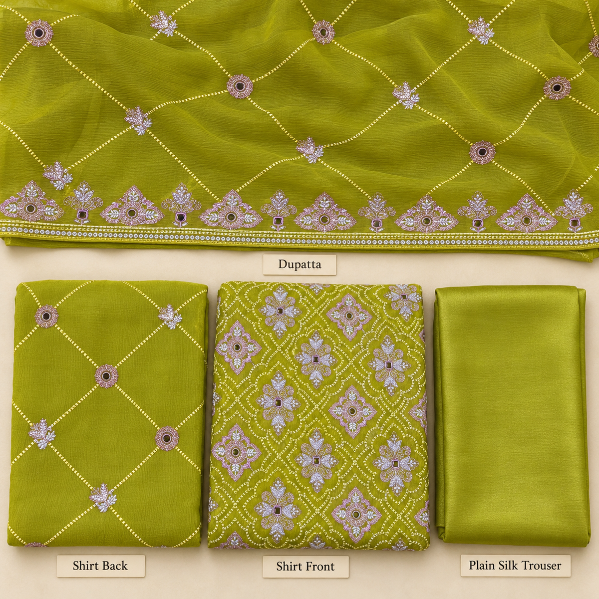 Olive Green Lavender Geometric Embroidered Chiffon 3 Piece Unstitched Suit