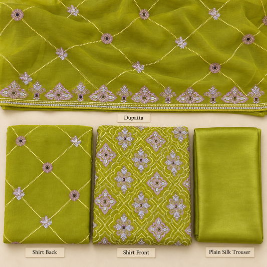 Olive Green Lavender Geometric Embroidered Chiffon 3 Piece Unstitched Suit