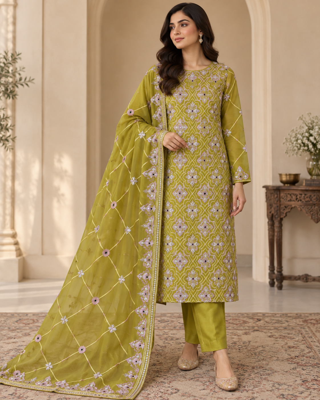 Olive Green Lavender Geometric Embroidered Chiffon 3 Piece Unstitched Suit