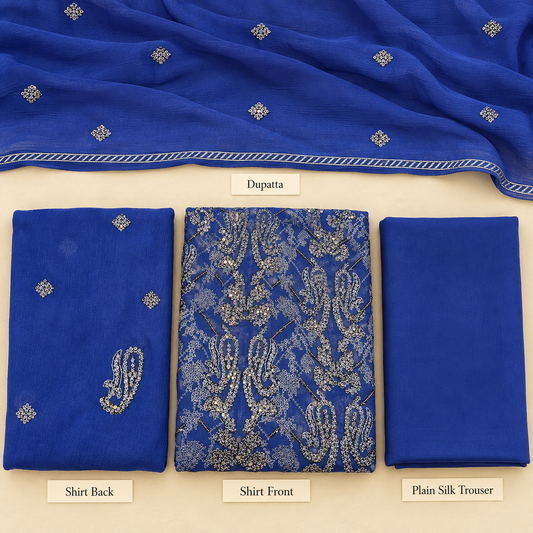 Royal Blue Silver Paisley Embroidered Chiffon 3 Piece Unstitched Suit