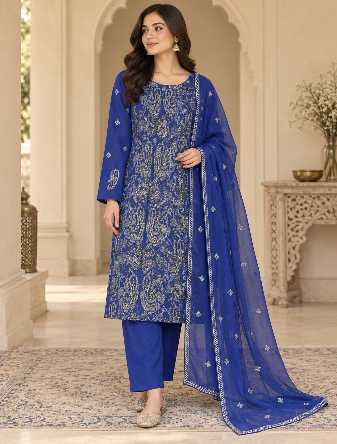Royal Blue Silver Paisley Embroidered Chiffon 3 Piece Unstitched Suit