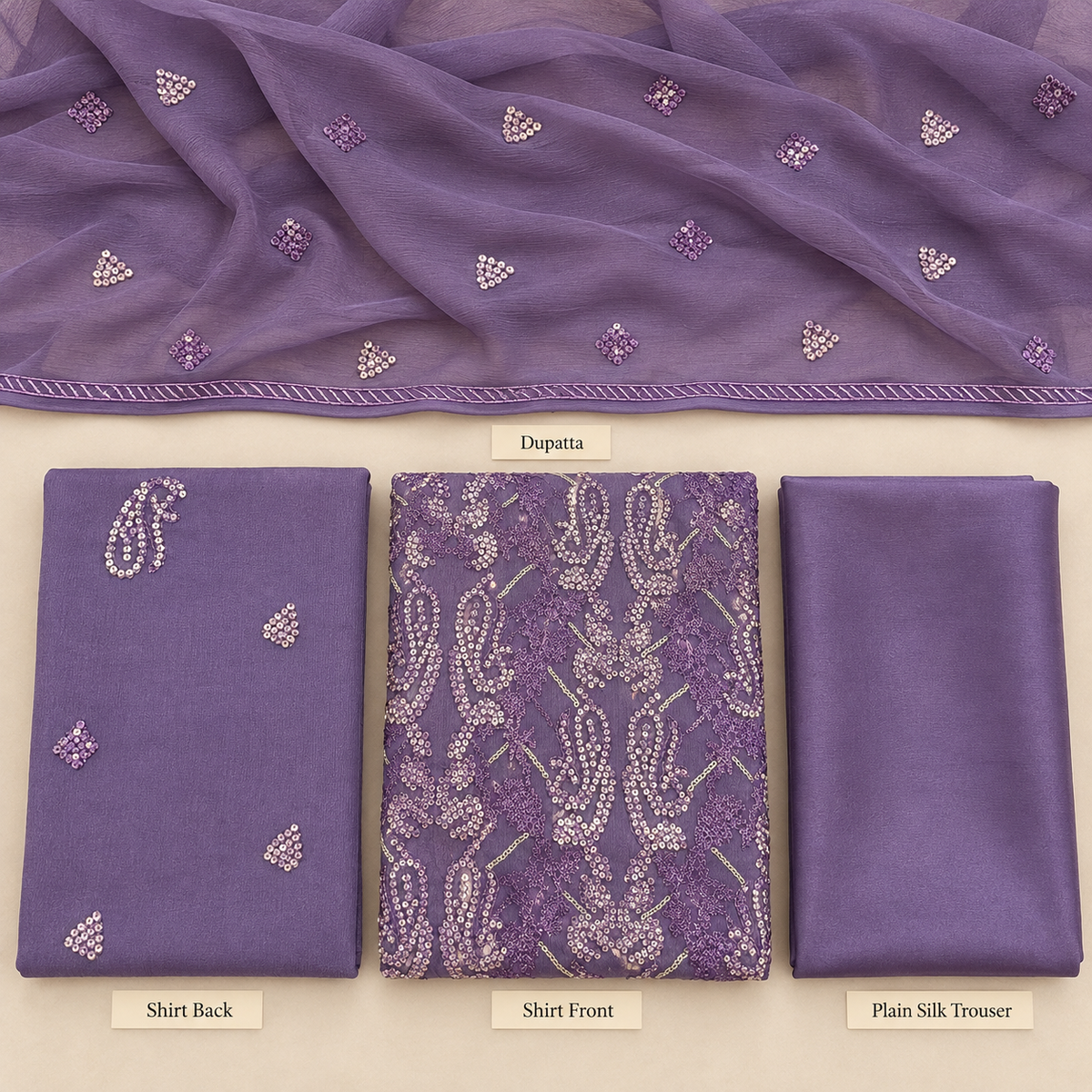 Royal Purple Silver Paisley Embroidered Chiffon 3 Piece Unstitched Suit