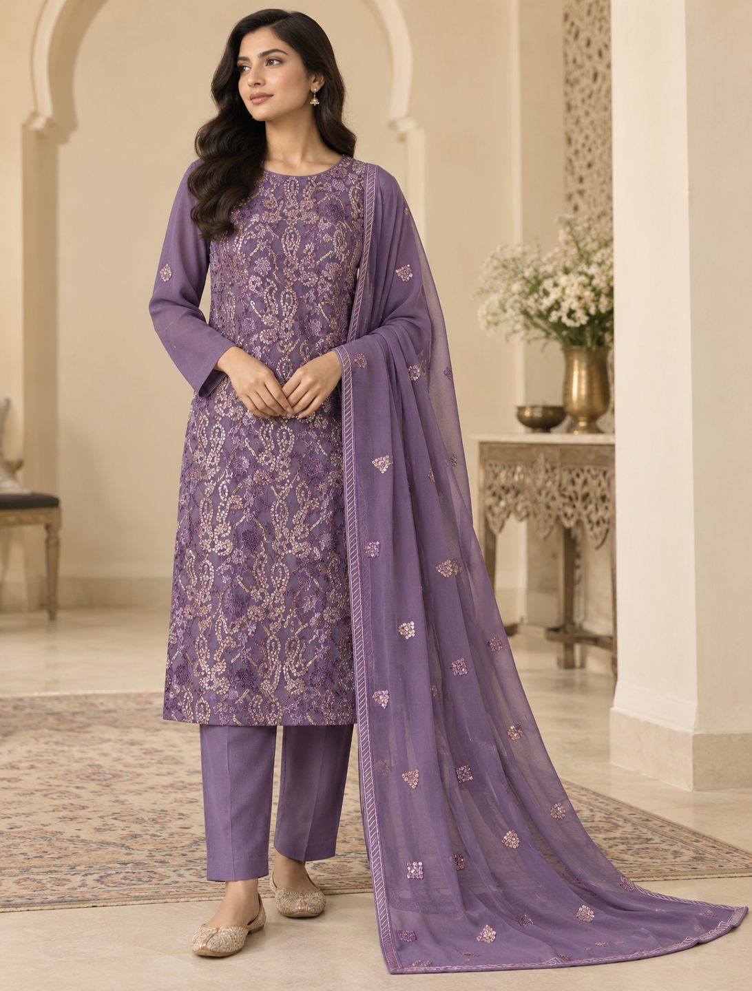 Royal Purple Silver Paisley Embroidered Chiffon 3 Piece Unstitched Suit