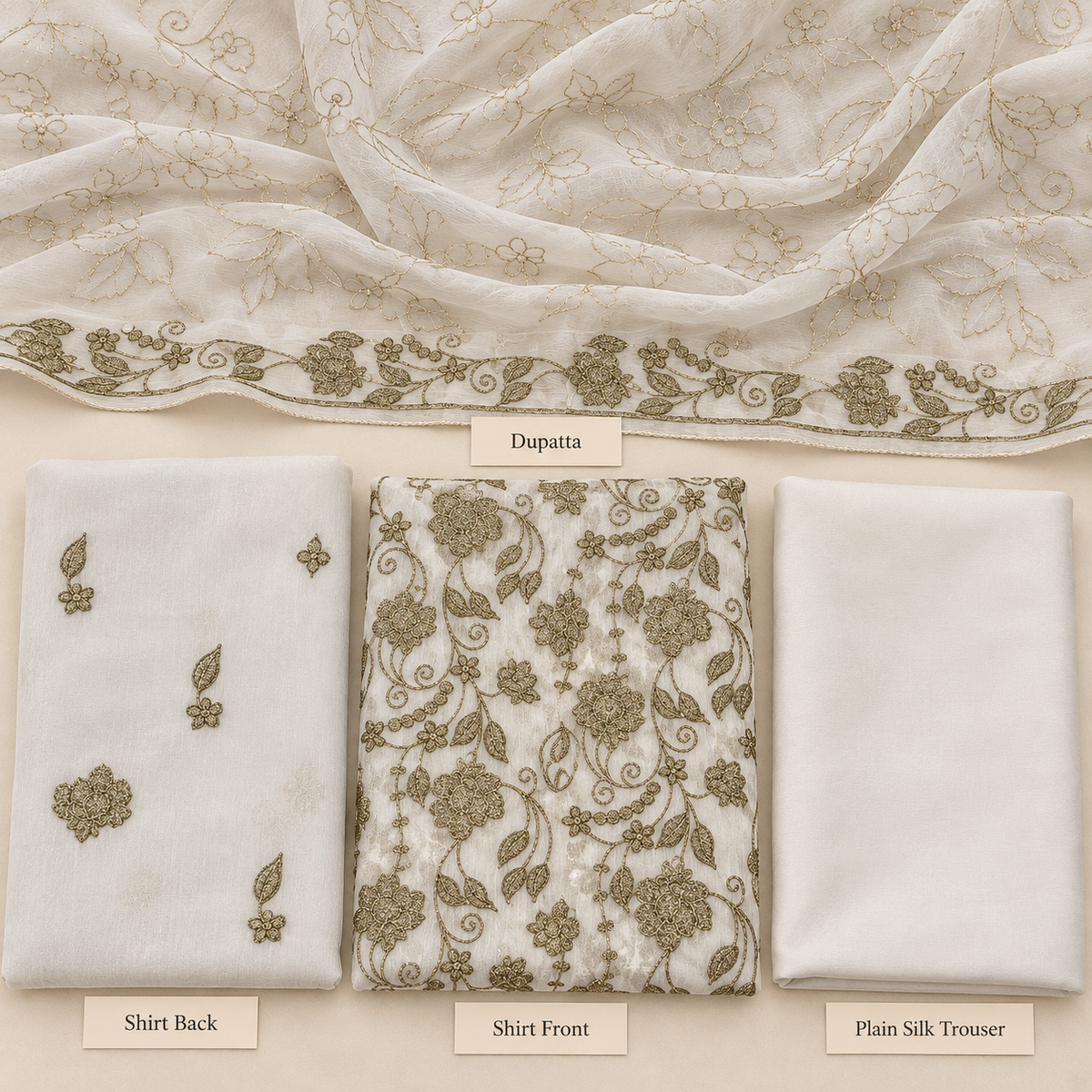 Ivory White Antique Gold Floral Embroidered Chiffon 3 Piece Unstitched Suit