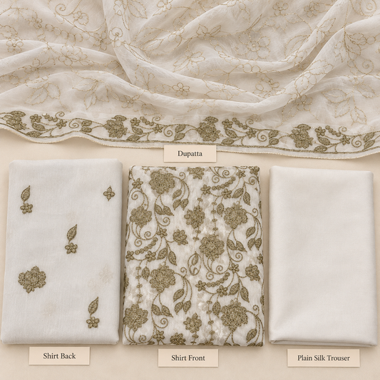 Ivory White Antique Gold Floral Embroidered Chiffon 3 Piece Unstitched Suit