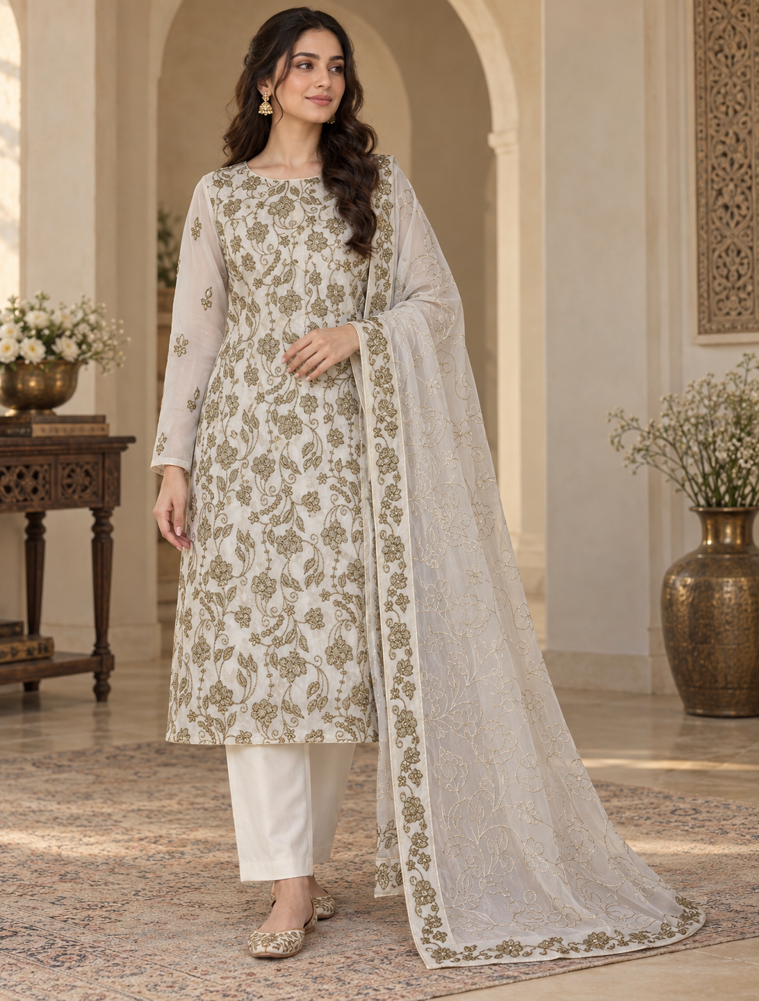 Ivory White Antique Gold Floral Embroidered Chiffon 3 Piece Unstitched Suit