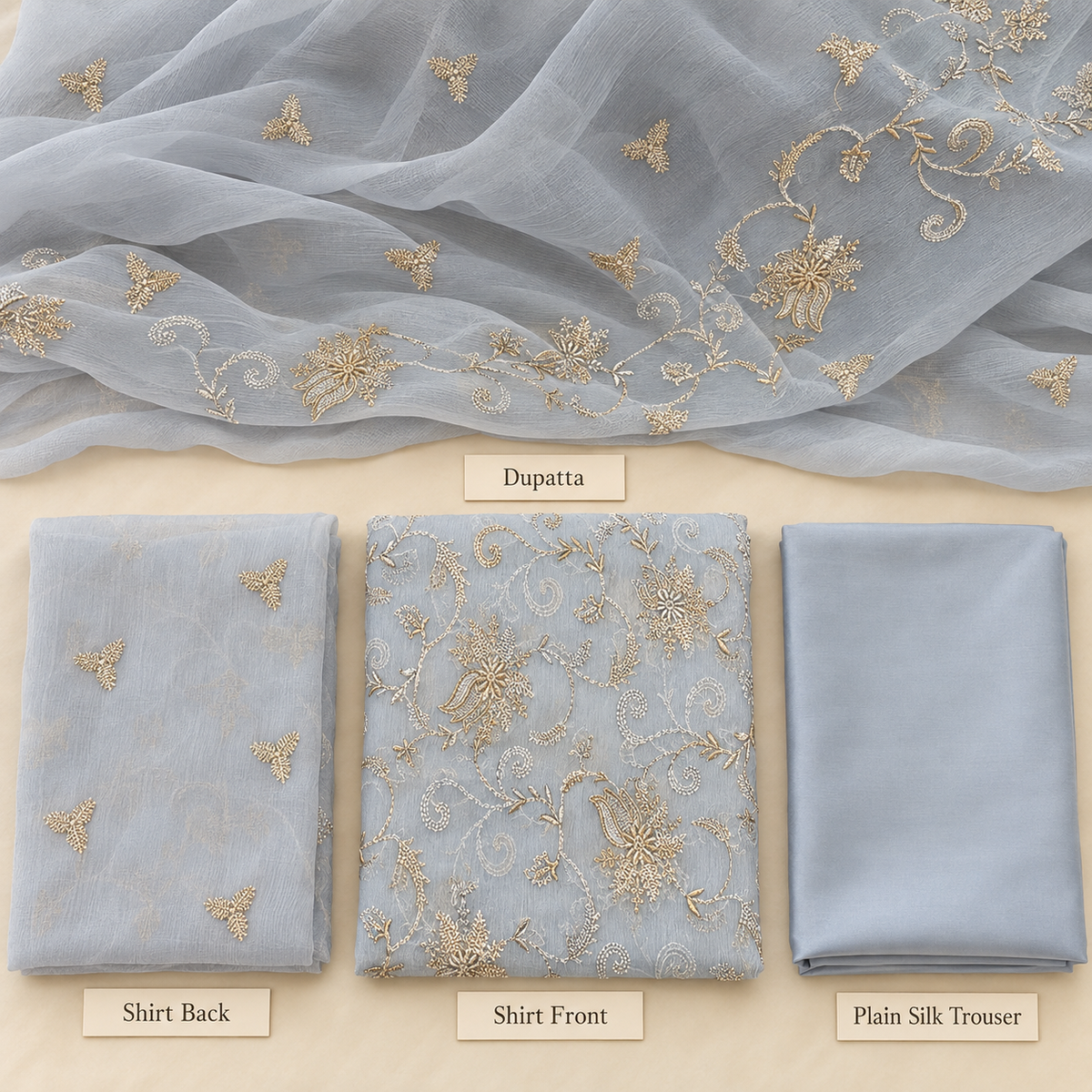 Ice Blue Golden Floral Embroidered Chiffon 3 Piece Unstitched Suit