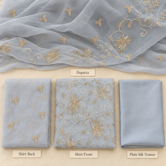 Ice Blue Golden Floral Embroidered Chiffon 3 Piece Unstitched Suit