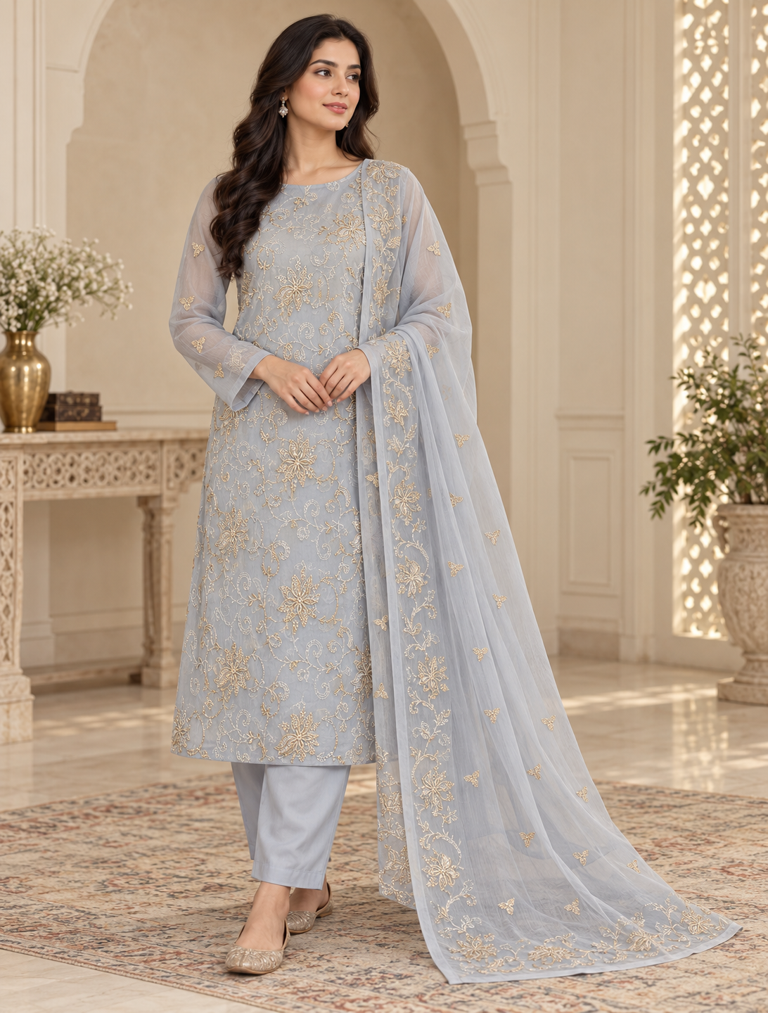 Ice Blue Golden Floral Embroidered Chiffon 3 Piece Unstitched Suit