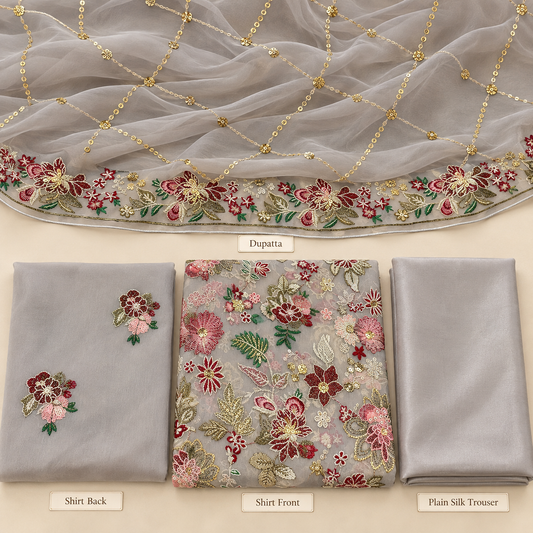 Silver Grey Multicolor Golden Floral Embroidered Chiffon 3 Piece Unstitched Suit