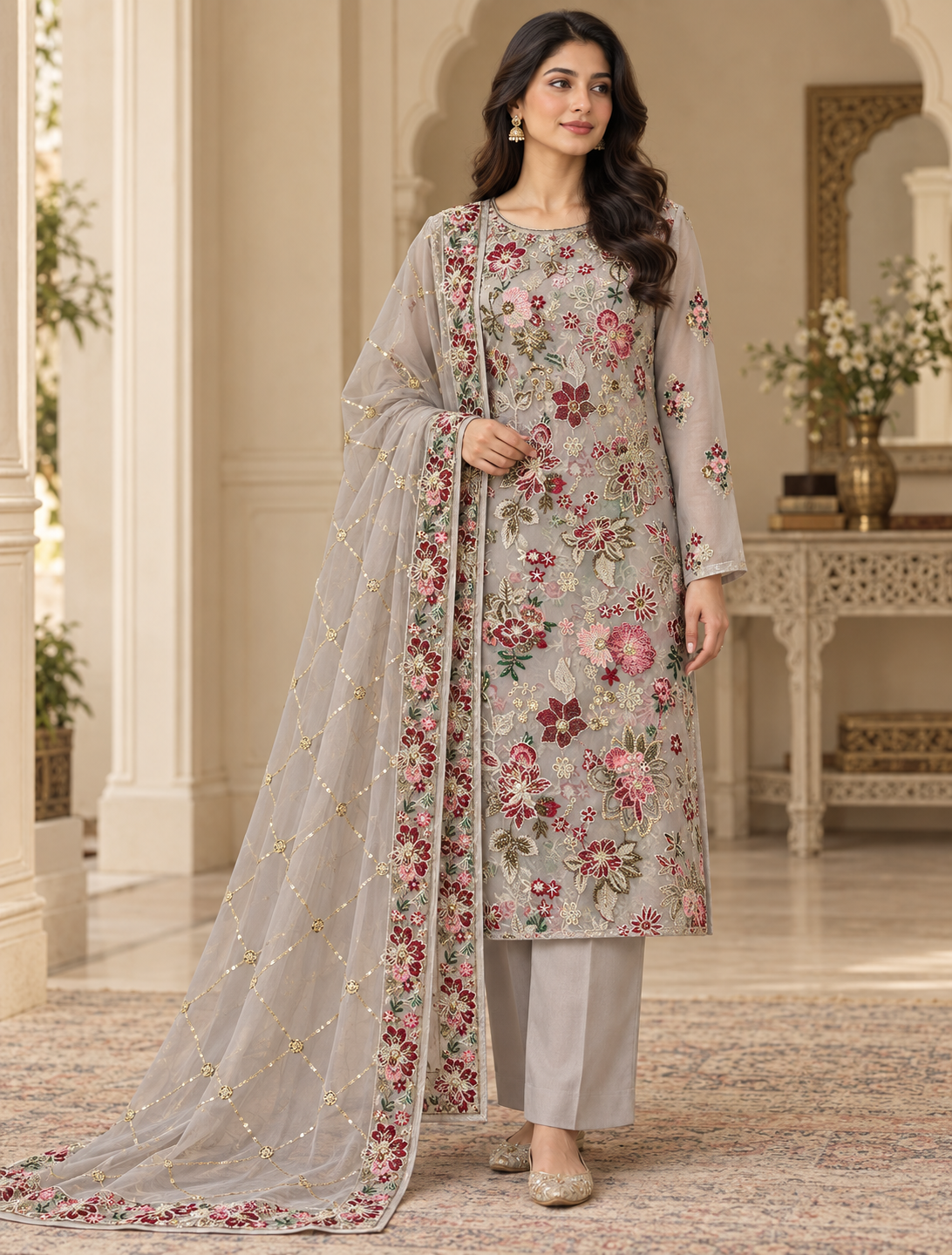 Silver Grey Multicolor Golden Floral Embroidered Chiffon 3 Piece Unstitched Suit