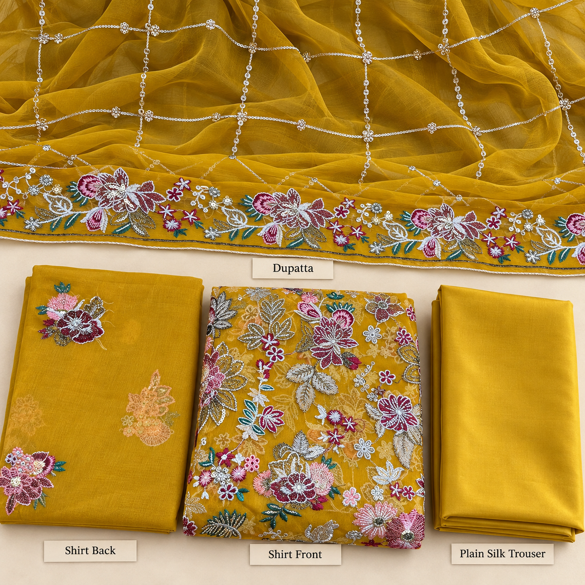 Mustard Gold Multicolor Floral Embroidered Chiffon 3 Piece Unstitched Suit