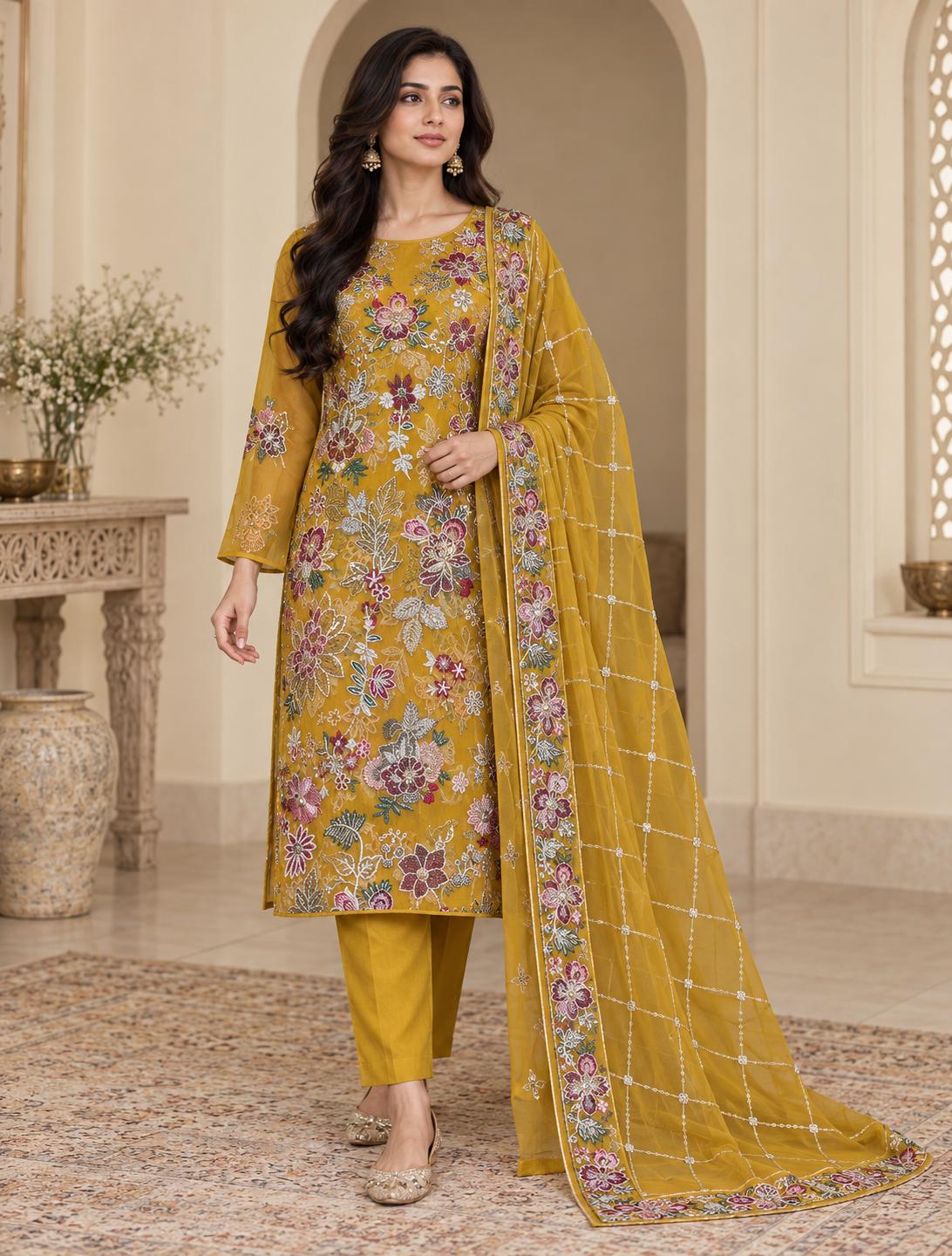 Mustard Gold Multicolor Floral Embroidered Chiffon 3 Piece Unstitched Suit